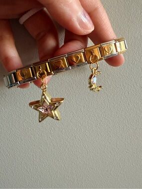 Italian Charm Bracelet | Star & Moon Charms | Gold/Silver | 18 Links